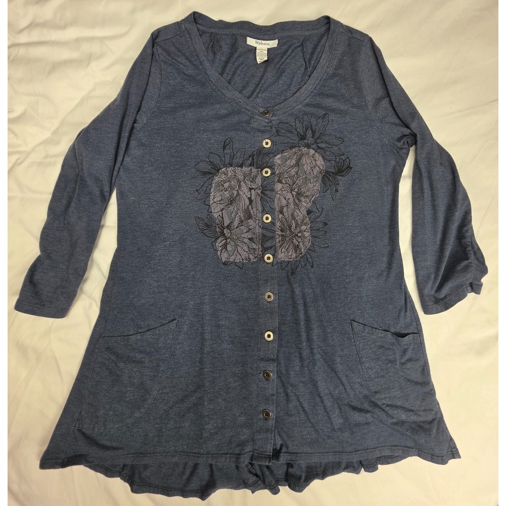 Style & Co Tunic Top L Blue Lace Floral Button Front Boho Cottagecore